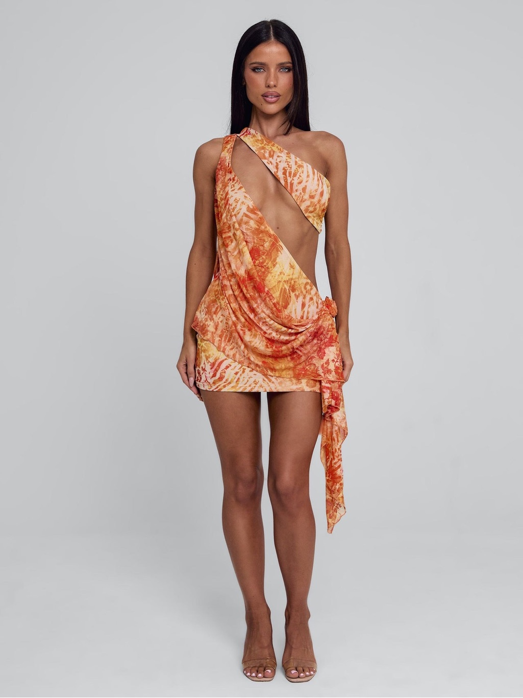 Outcast Clothing Orange Miana Mesh Sexy One Shoulder Cutout Mini Dress